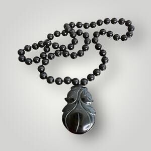 Vintage Black Pendant Onyx Beaded Necklace 26 inch